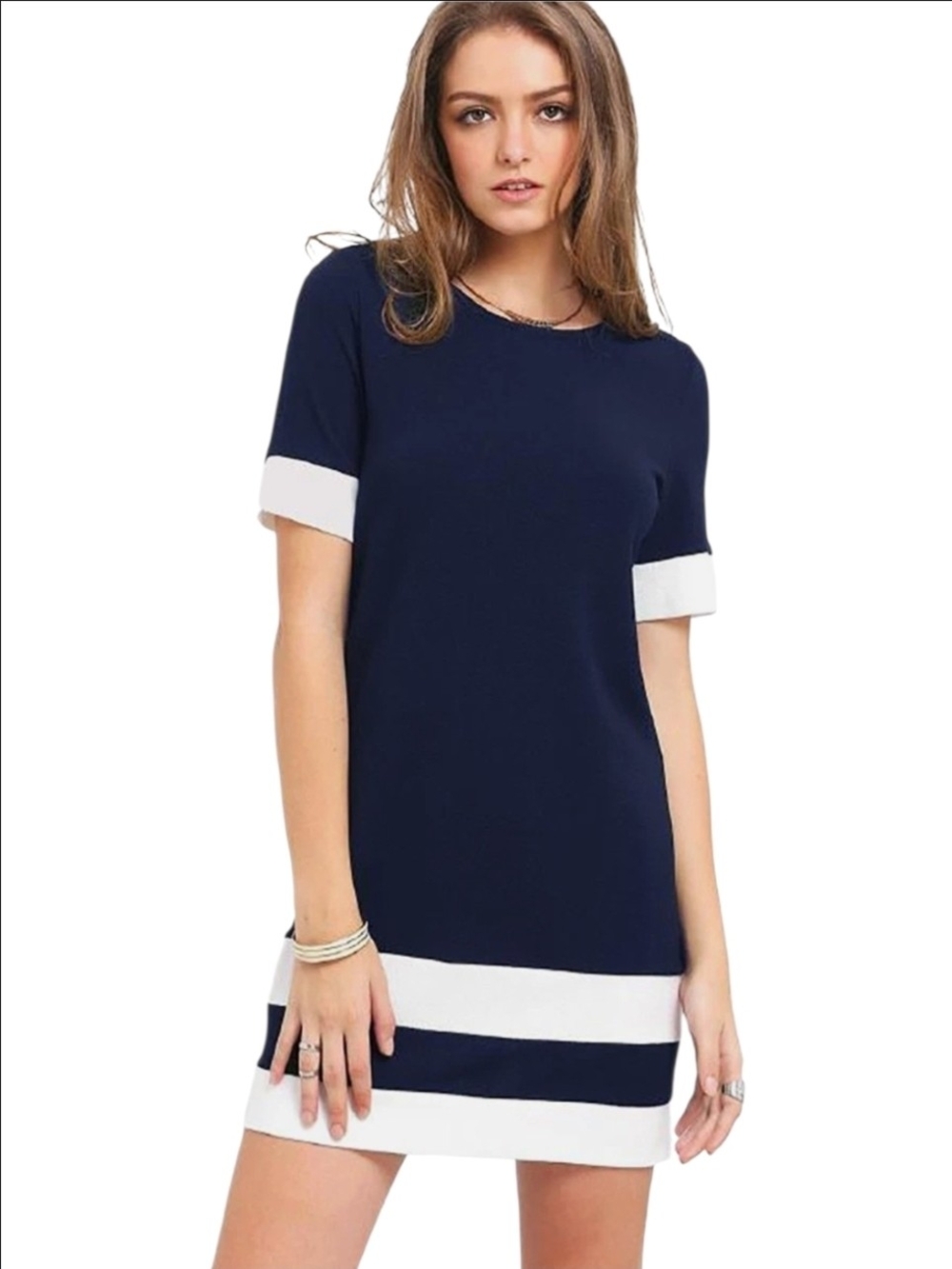 SHEIN Navy and White Short Sleeve Two-Tone Mini Dress